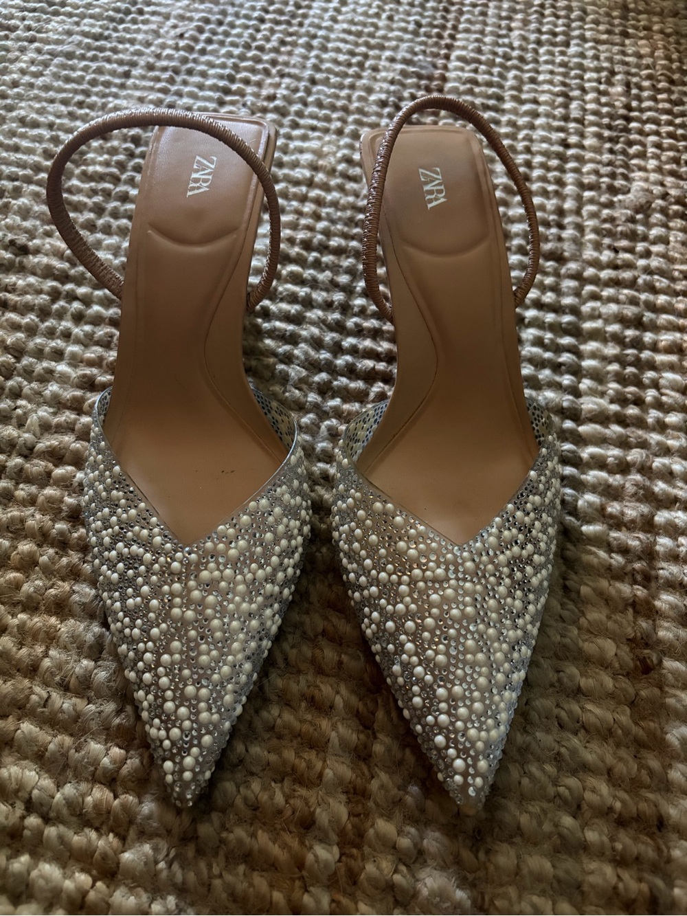 Zara Embellished Pearl Pointed Slingback Heels - White